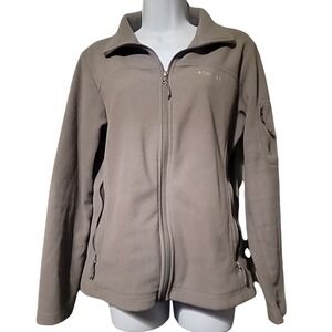 Columbia Women Full Zip Fleece Jacket Taupe Gray Size M Mock Neck Utility Pocket